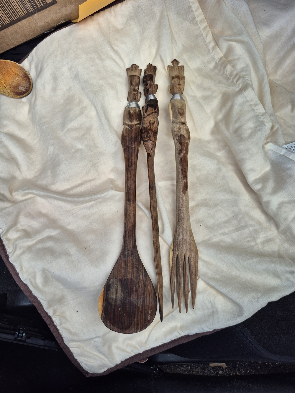 Hand-Carved Wooden Serving Spoon, Fork & Skewer Set - Natural Brown